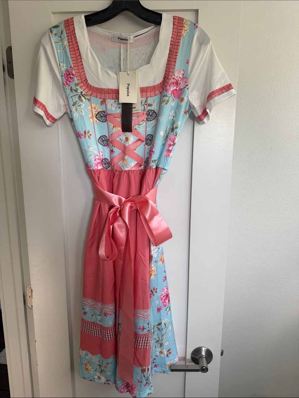 Pink & Light Blue Floral Tie-Front Casual Dress